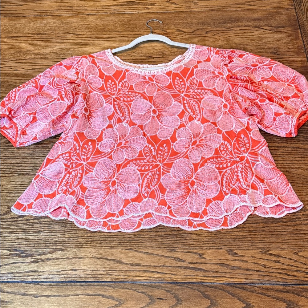 Solitaire Embroidered Floral Boho Top XL Coral Pink Whimsical Festival Blouse